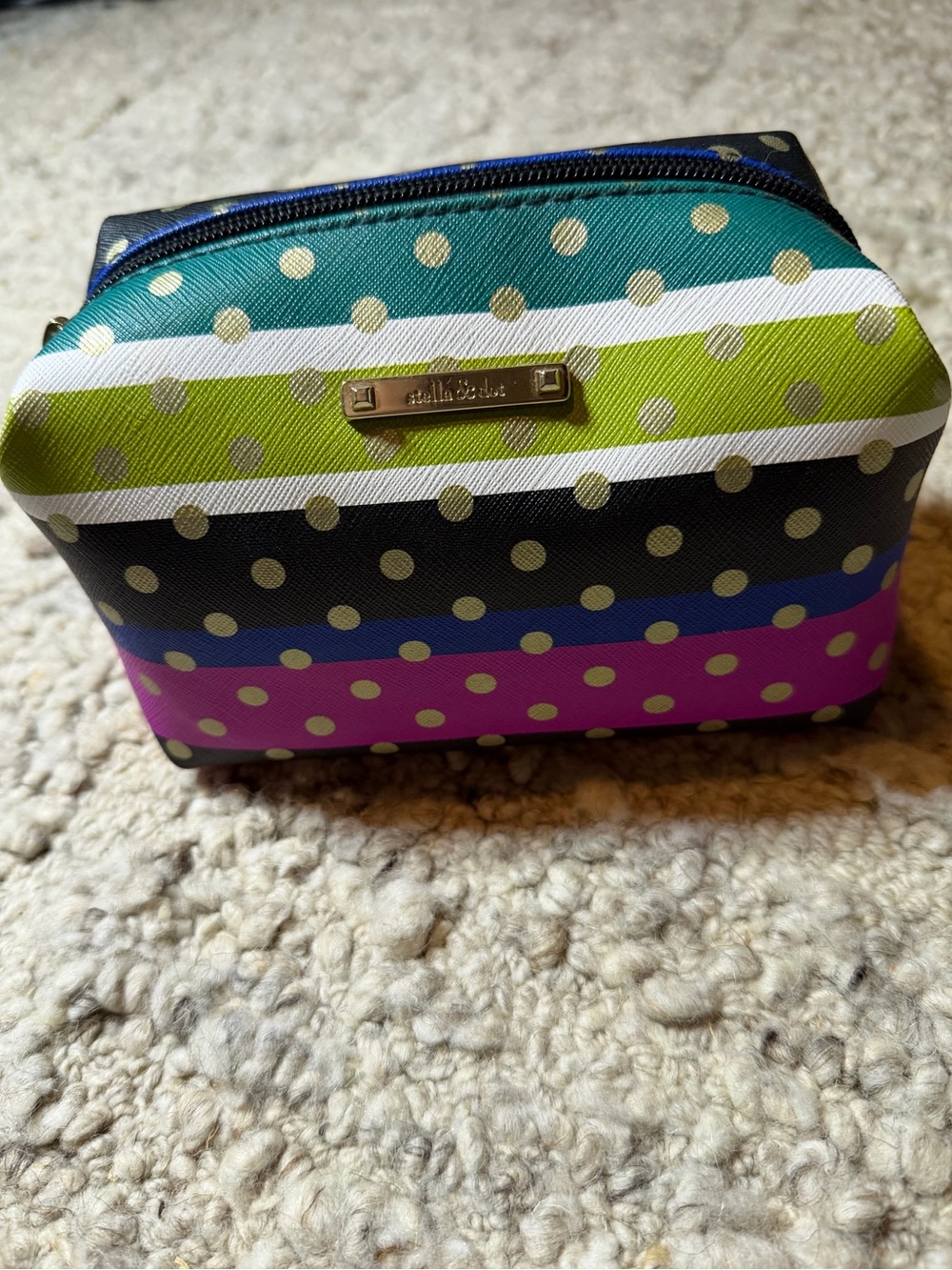 Stella & Dot Multicolor Striped Polka Dot Cosmetic Pouch - Pink/Green/Blue